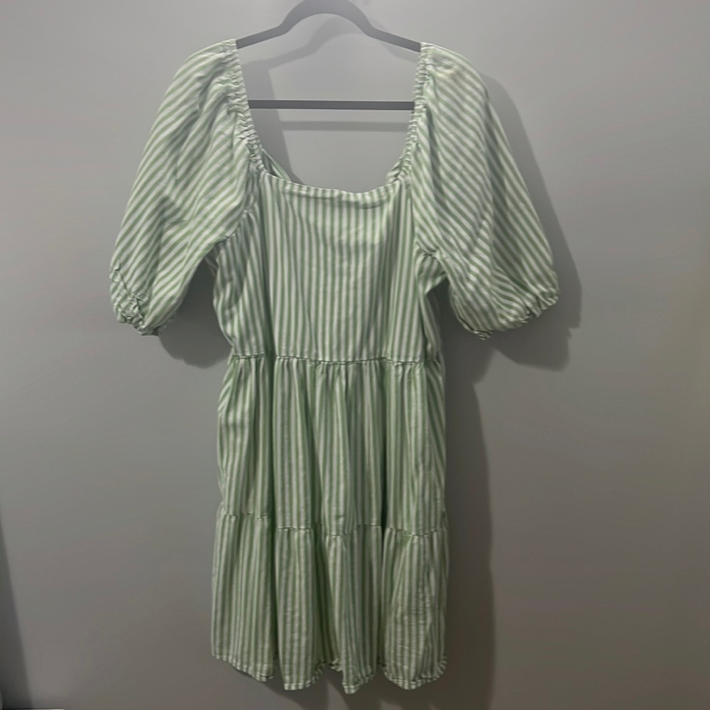 Open back with tie green and white tiered dress